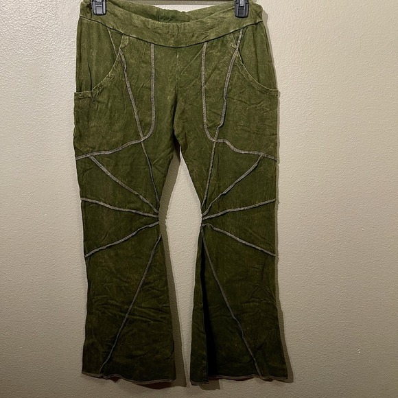 The Unbranded Brand Pants - Flare Boho Pants Green Acid Wash Goblincore Fairycore Hippie Women"s Sz L